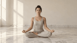 A woman meditating in lotus pose on a marble floor