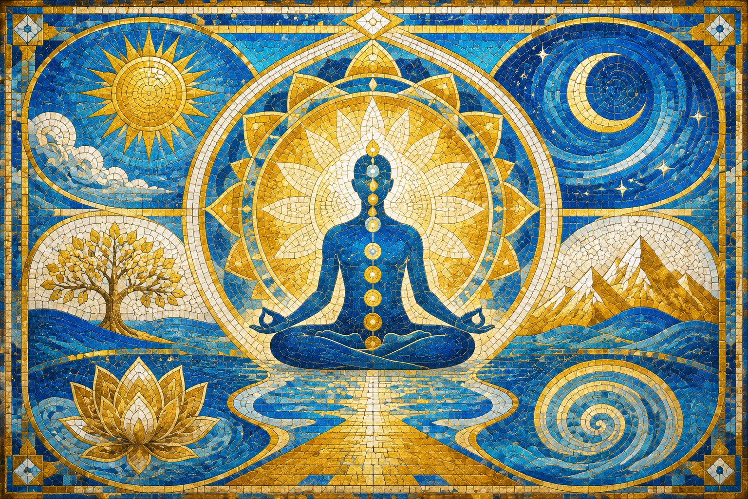 A blue and gold mosaic of a meditating figure surrounded by the sun, moon, lotus, mountains, and flowing water